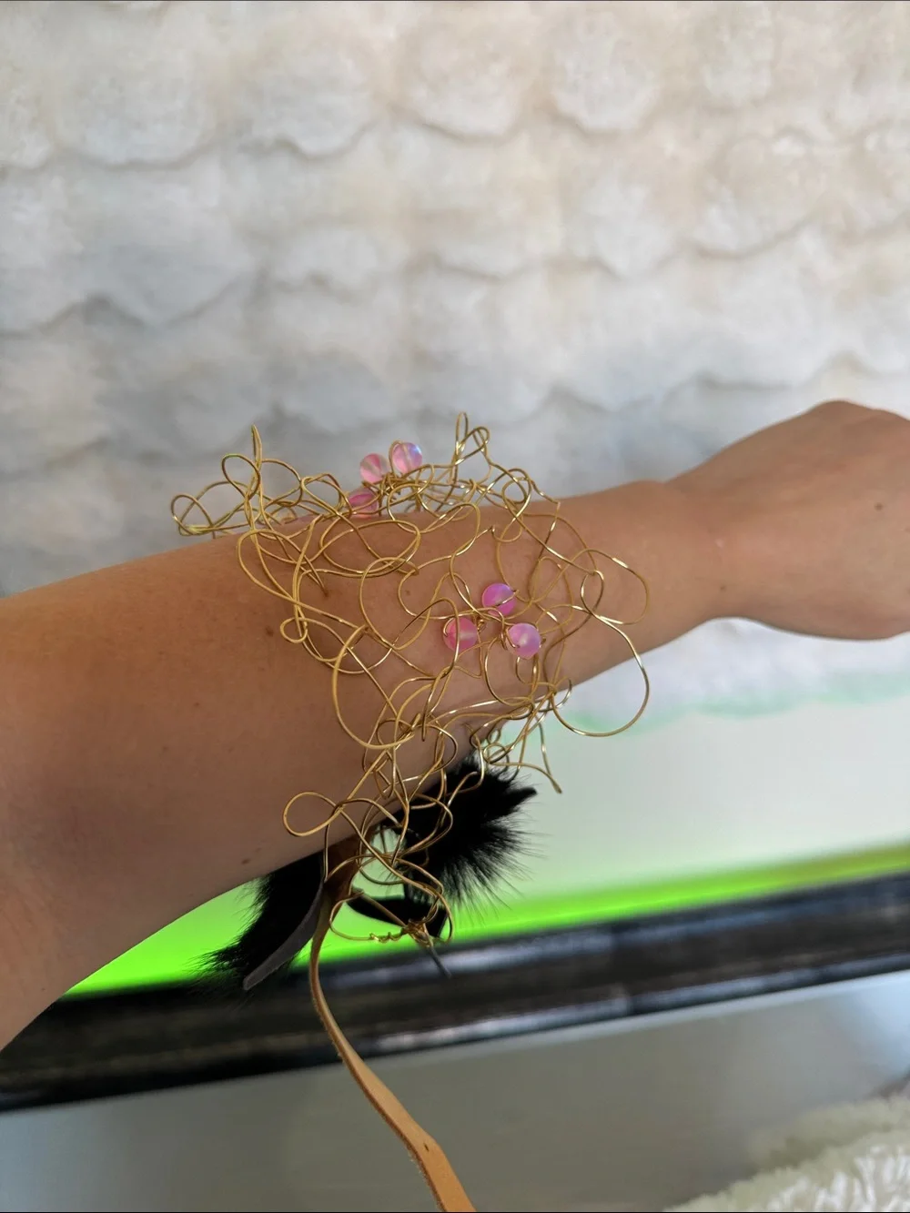 Handmade Delicate Gold toned brass Wire Bracelet with Pink Bead Accents